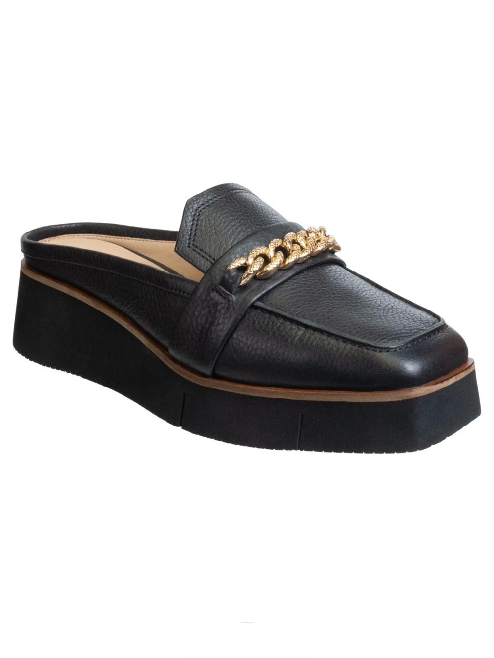 NAKED FEET ELECT PLATFORM MULES-BLACK Leather Chain-Trim Women’s Sz 7 M